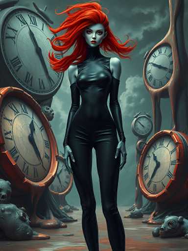 The image depicts a woman with red hair and black clothing standing in front of an array of clocks arranged in a circular pattern on the ground. The clocks vary in size and color, creating a visually striking scene.