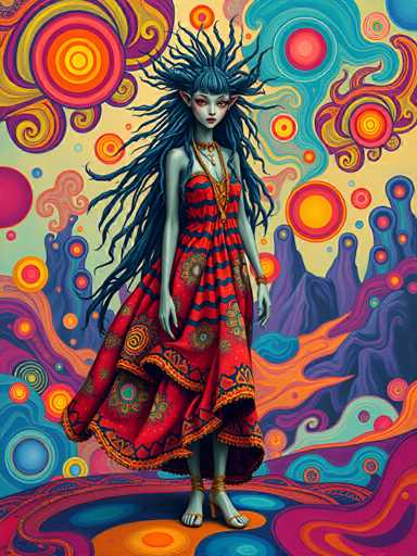 A woman with long hair and a red dress stands on a colorful platform surrounded by abstract shapes and lines, including circles of varying sizes and colors such as orange, yellow, pink, blue, green, purple, and white.