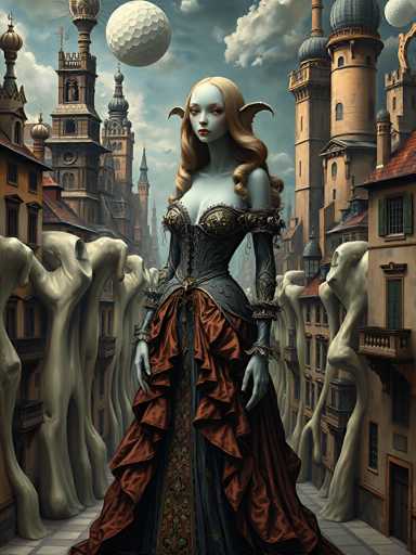 A woman stands on a balcony overlooking a cityscape with white buildings and red roofs under a cloudy sky. The woman is wearing an ornate dress that features a large bustle at the back and a corset-like bodice.