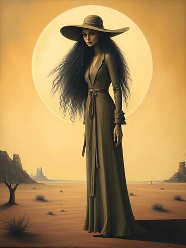 A woman with long dark hair is standing on a desert plain under the light of a full moon. She is wearing a brown dress and a wide-brimmed hat that casts a shadow over her face. The background features a vast desert landscape with sand dunes stretching out into the distance, meeting the horizon at the center where the sky meets the earth.