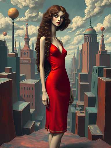 A woman stands on a rooftop with her back to the camera, wearing a vibrant red dress and holding a parasol. The cityscape behind her is a blend of buildings painted in shades of orange and blue, with a large dome atop one building that appears to be a castle-like structure.