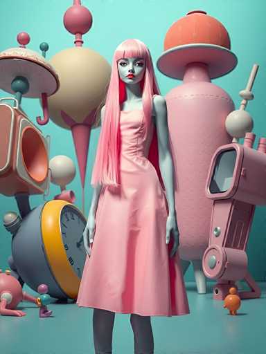 The image depicts a woman with long blonde hair and pink hair standing in front of an array of colorful objects including a clock, a vase, and other whimsical items. The background is a light blue color that contrasts with the vibrant colors of the objects surrounding her.