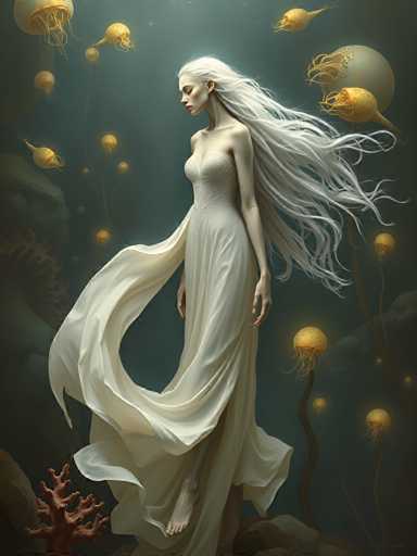 A woman with long white hair is standing on a rock surrounded by yellow jellyfish and coral reefs. The background is dark blue with floating yellow jellyfish.