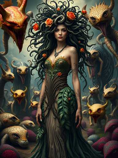 A woman with long hair and a green dress stands in front of a group of dragons and other fantastical creatures. The dragons have red eyes and sharp teeth, while the other creatures appear to be more subdued or less detailed.