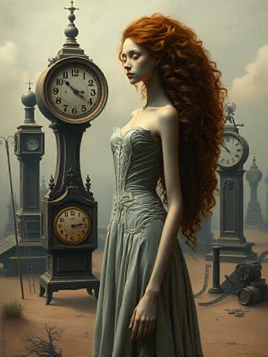 A woman with long red hair stands in front of a large clock tower on the left side of the image. The clock tower is ornate and features two clocks - one larger than the other. The background shows a desert landscape with sand dunes under an overcast sky.