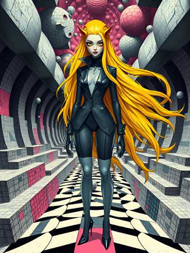 The image depicts a woman with long blonde hair and a black outfit standing on a pink and white striped floor inside an art gallery. The background features a series of colorful spheres arranged in a circular pattern, creating a sense of depth and dimension within the space.