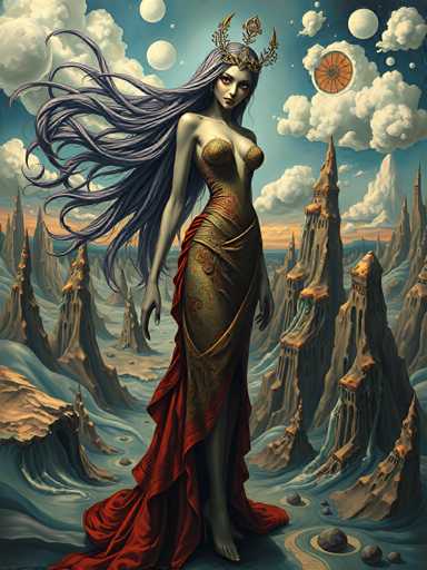 A woman with long purple hair and a gold headdress stands on a rocky cliff overlooking a valley filled with mountains and clouds.