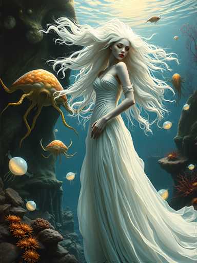 A woman with long white hair and a white dress is standing on the right side of the image, facing away from the camera. The background features a rocky cliff face filled with small fish swimming around her.