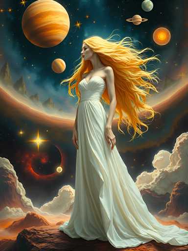 A woman with long blonde hair stands on a cliff overlooking a planetarium filled with planets and stars. She is wearing a white dress that flows behind her as she gazes into the distance. The sky above her is dark blue, dotted with orange and yellow stars.