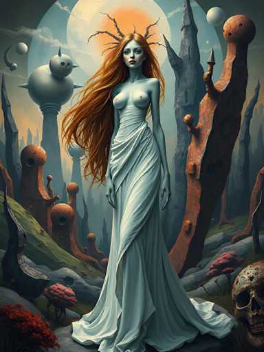 A woman with long red hair and a white dress stands on a rock in the center of an art gallery, facing away from the camera. The background features a surreal landscape filled with floating islands and trees made of rocks, creating a dreamlike atmosphere.
