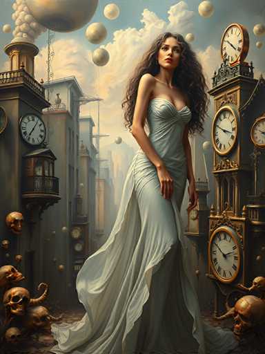 A woman stands in front of a clock tower with gold and black faces, wearing a white dress that flows behind her as she gazes at the sky filled with floating clocks.