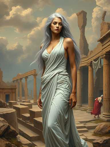 A woman with long blonde hair is walking on a stone path through an ancient ruins site. She is wearing a white dress and carrying a bag over her shoulder. The ruins consist of columns and arches that are weathered by time, suggesting the passage of centuries. In the background, there is another person who appears to be examining one of the ruins or taking photographs.