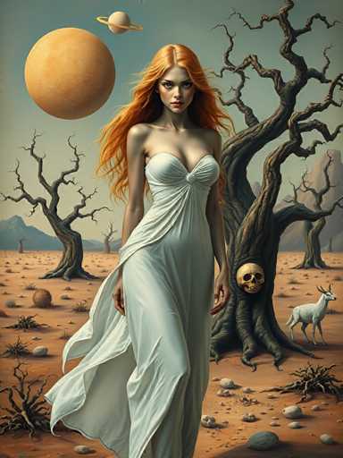 A woman with red hair and an orange dress is walking through a desert landscape, carrying a skull on her shoulder as she moves towards the right side of the image. The background features a barren desert scene with several trees scattered across it, their trunks appearing dry and devoid of leaves or foliage.
