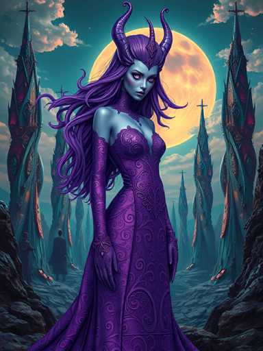 The image depicts a woman with long purple hair and horns standing in front of a large full moon. She is wearing a purple dress adorned with intricate designs on the bodice and skirt. The background features a dark blue sky filled with clouds and mountains rising into the distance.