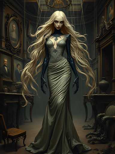 The image depicts a woman with long blonde hair and dark makeup standing in the center of a room filled with various objects such as vases, chairs, and paintings on the walls. The room has an air of mystery and intrigue due to its dark color scheme and the presence of several portraits hanging on the walls.