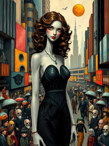 The image depicts a crowded city street scene with a woman wearing a black dress and holding an umbrella as the central figure. The background is filled with buildings of various sizes and colors, creating a sense of depth and perspective. The sky above appears to be cloudy, adding to the urban atmosphere.