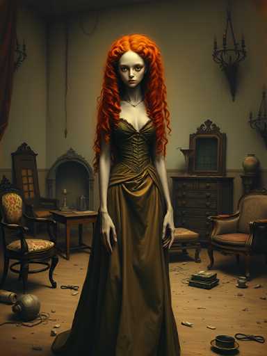 A woman with long red hair stands in a room filled with antique furniture and decorations. She is wearing an ornate dress that contrasts with the muted colors of the room. The room has a chandelier hanging from the ceiling and a mirror on the wall behind her. A chair can be seen to her left, and a table with a vase on it stands in front of her.