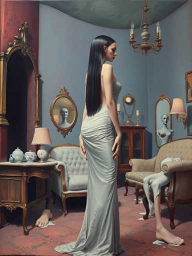 A woman stands in a room with blue walls and gold accents, wearing a long white dress that falls down to her knees. The room is filled with various pieces of furniture including a couch, chair, and lamp. A painting hangs on the wall behind the woman, which features a statue of a person's headless body.