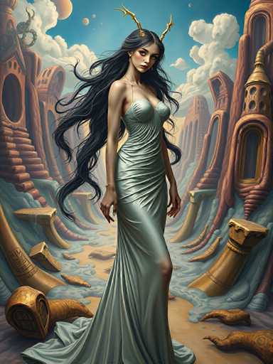 A woman with long dark hair and a white dress stands in front of a castle-like structure made of stone blocks, surrounded by other structures that appear to be part of the same scene.