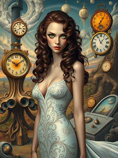 A woman with long brown hair and a white dress stands in front of an abstract painting featuring clocks and other timepieces rendered in shades of yellow and orange against a blue sky backdrop.