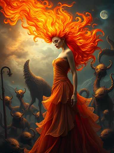 A woman with long red hair and an orange dress stands in a field surrounded by a pack of wolves and other mythical creatures.