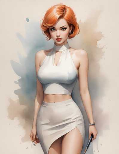 The image depicts a woman with red hair wearing a white dress and skirt. She is holding a pen in her right hand and has a serious expression on her face. The background features splashes of blue and green colors that create an abstract pattern.