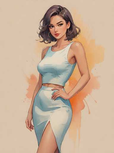 A woman with short brown hair and a white dress is standing against an orange background. She has her left hand on her hip and her right hand resting on her thigh.