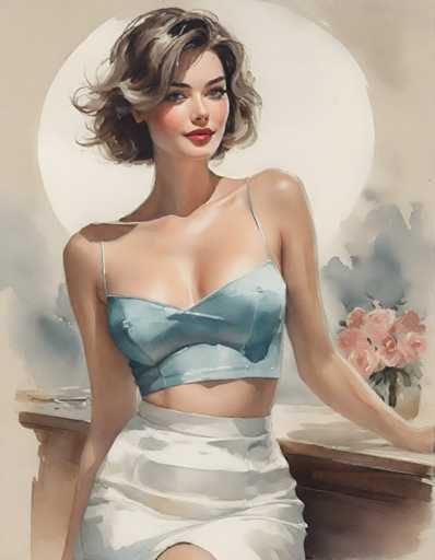 The image depicts a woman with short brown hair wearing a blue tank top and white skirt. She is positioned on the left side of the frame, leaning against a wooden railing or countertop. The background features a blurred green color that creates an artistic effect.