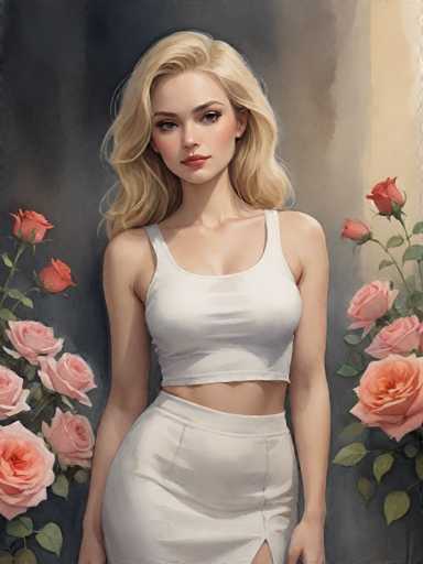 A woman with blonde hair is standing against a dark background and wearing a white tank top and skirt. She has her arms crossed over her chest and is looking directly at the camera. The background features pink roses in full bloom, creating a romantic atmosphere around the woman.