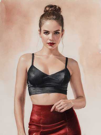 A woman is standing against a light peach background with her hair styled in an elegant bun and wearing a black crop top and red skirt.