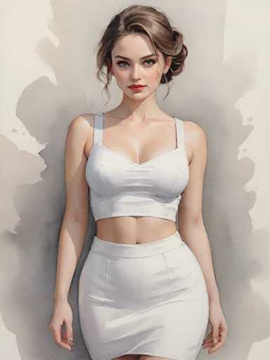 A woman is standing against a white background with her hands on her hips and looking directly at the camera. She is wearing a white dress that falls just below her knees and a matching white skirt. The image does not contain any text or other objects.