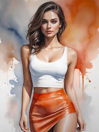 A woman is standing against an orange background with a white tank top and an orange skirt.
