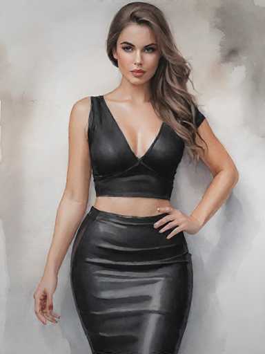 A woman is standing against a white wall with her hands on her hips and looking directly at the camera. She is wearing a black dress that falls just below her knees and a skirt made of shiny leather material. The background is blurred, drawing focus to the woman in the foreground.