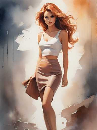 A woman with long red hair is walking down a street wearing a white tank top and brown skirt. She carries a brown purse over her shoulder as she walks past a building with graffiti on the wall behind her.