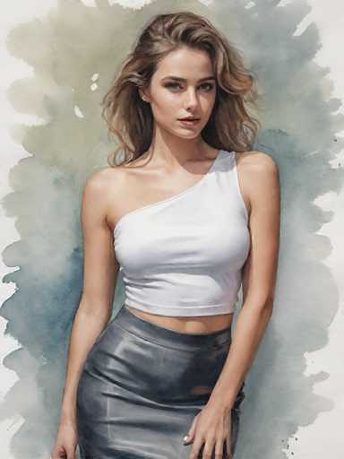 A woman with blonde hair is standing against a green background and wearing a white tank top and black skirt.