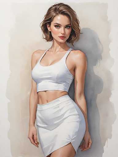 A woman is standing against a white wall with her arms crossed and legs apart. She is wearing a white tank top and skirt.