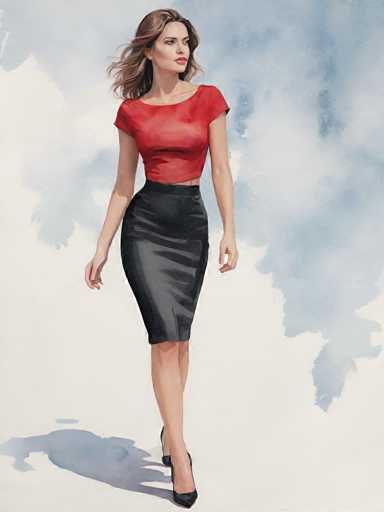 A woman is captured mid-stride on a sidewalk, dressed in a vibrant red top and black skirt with heels. The background features a gradient of blue and white clouds against a gray sky.