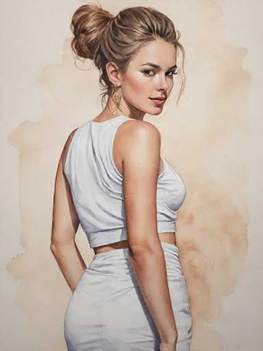 The image depicts a woman with blonde hair wearing a white dress and top. She is standing against a beige background that has a watercolor-like effect, giving the impression of a soft, blurred texture. The woman's pose suggests she is looking to her left, possibly observing something or someone in that direction.