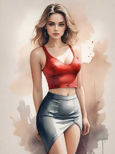 A woman with blonde hair is standing against a beige background and wearing a red tank top and gray skirt.