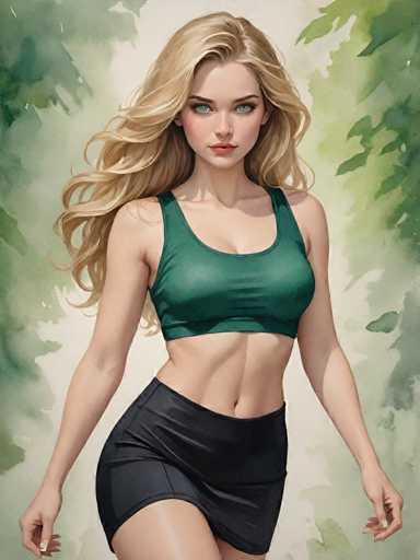 The image depicts a woman with blonde hair and blue eyes wearing a green tank top and black skirt. She is standing against a backdrop of trees and foliage, suggesting an outdoor setting or natural environment. The colors in the image are predominantly green and brown, creating a harmonious color palette that complements the woman's attire.