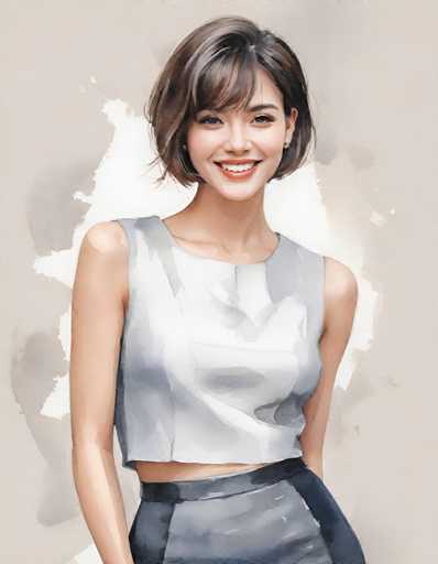 A woman with short brown hair and a white top is standing against a beige background. She has her arms crossed over her chest and is smiling at the camera.