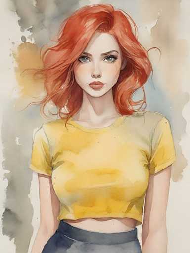 A woman with red hair is standing against a gray background and wearing a yellow shirt and black skirt.