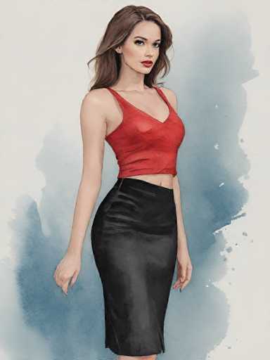 A woman is standing against a light blue background with her left hand on her hip and her right hand resting on her thigh. She is wearing a red tank top and black skirt.