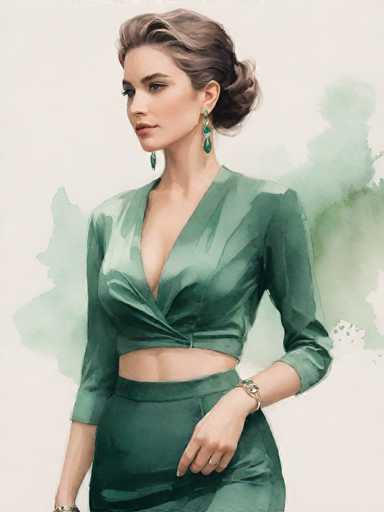 A woman is captured in a moment of quiet contemplation against a backdrop of a light green color. She is dressed in a long-sleeved green dress that falls just below her knees and a pair of earrings that add a touch of elegance to her appearance. The woman's gaze is directed off to the side, suggesting she may be lost in thought or simply enjoying the serene atmosphere around her.