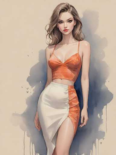 A woman is standing against a gray background with her arms crossed and legs apart. She is wearing an orange dress that has white stripes on the skirt. The image does not contain any text or other objects.