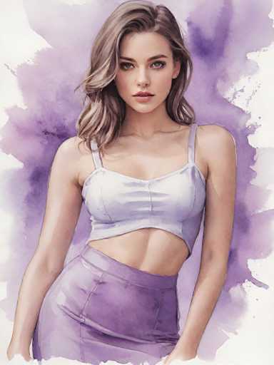 A woman is standing against a purple background with her hair styled in loose waves and wearing a white tank top and purple skirt.