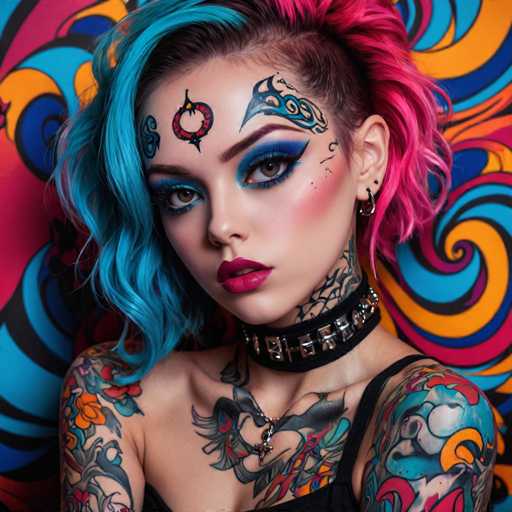 The image shows a young woman with vibrant blue hair and tattoos on her neck and shoulders. She is wearing a black tank top that contrasts with the colorful background behind her. The woman's face features striking makeup, including blue eyeshadow and red lipstick.