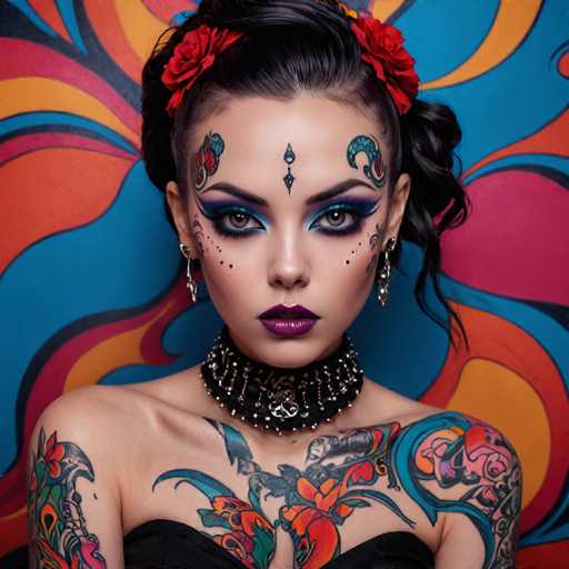 The image shows a young woman with a striking tattoo on her shoulder and neck. She is wearing a black dress that contrasts with the colorful background behind her. The woman has dark hair styled in an updo, adding to her edgy appearance. Her makeup features bold red lipstick and dramatic eye makeup, enhancing her overall look.