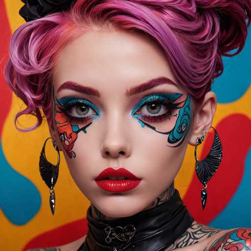 The image shows a young woman with vibrant pink hair and striking blue eyeshadow. She is wearing a black choker necklace that adds an edgy touch to her look. The background features a colorful abstract pattern in shades of yellow, red, and blue, which complements the woman's bold makeup choices.