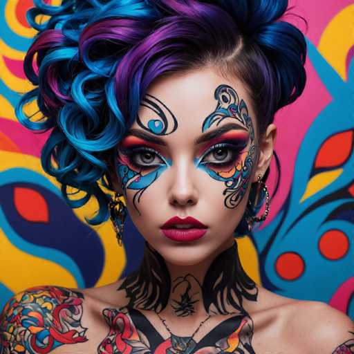 The image shows a young woman with blue hair and tattoos on her neck and shoulders. She is wearing a colorful outfit that includes a patterned top and a skirt adorned with flowers. The background features a vibrant abstract design in shades of pink, yellow, green, and orange.